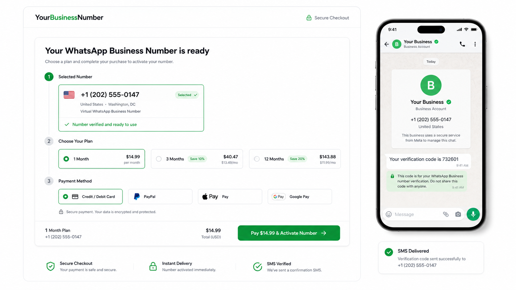 Checkout screen for generating a US WhatsApp Business virtual number