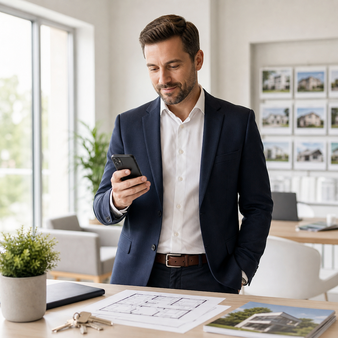 Estate agent checking business messages on a phone
