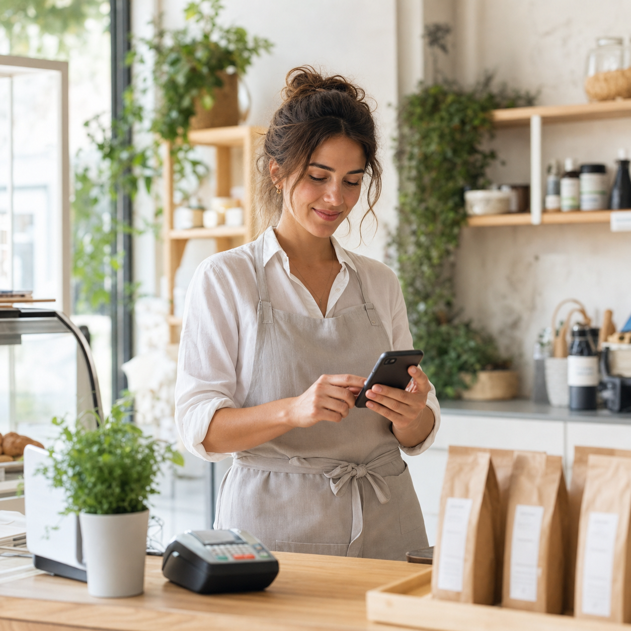 Small business owner handling customer messages at a counter