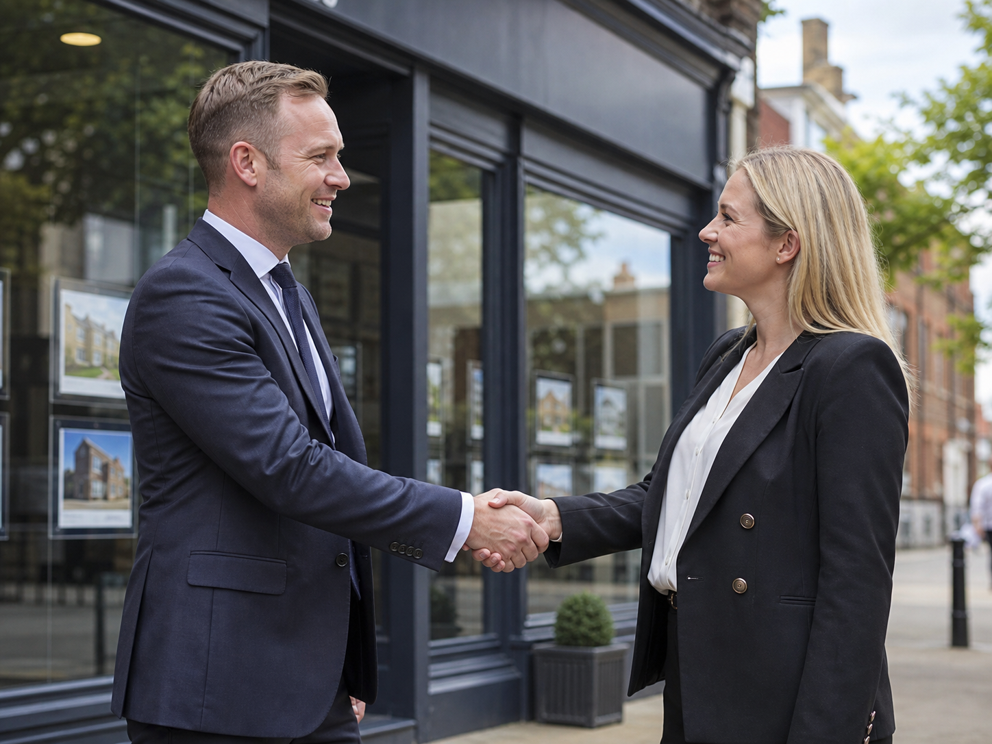 Estate agents shaking hands outside an office