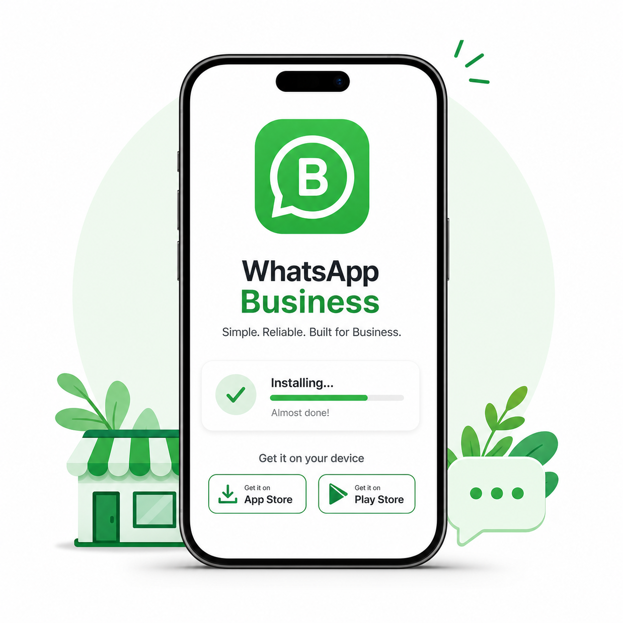 WhatsApp Business app download shown on a phone