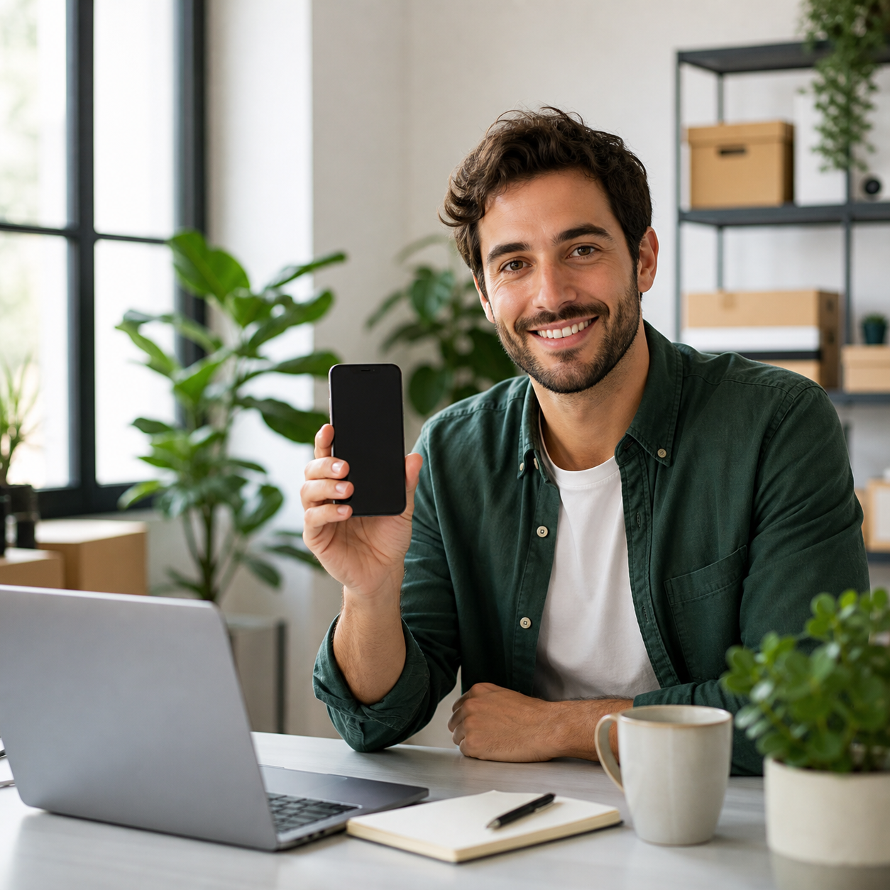 Small business owner holding one phone for business communication with BusinessNumber