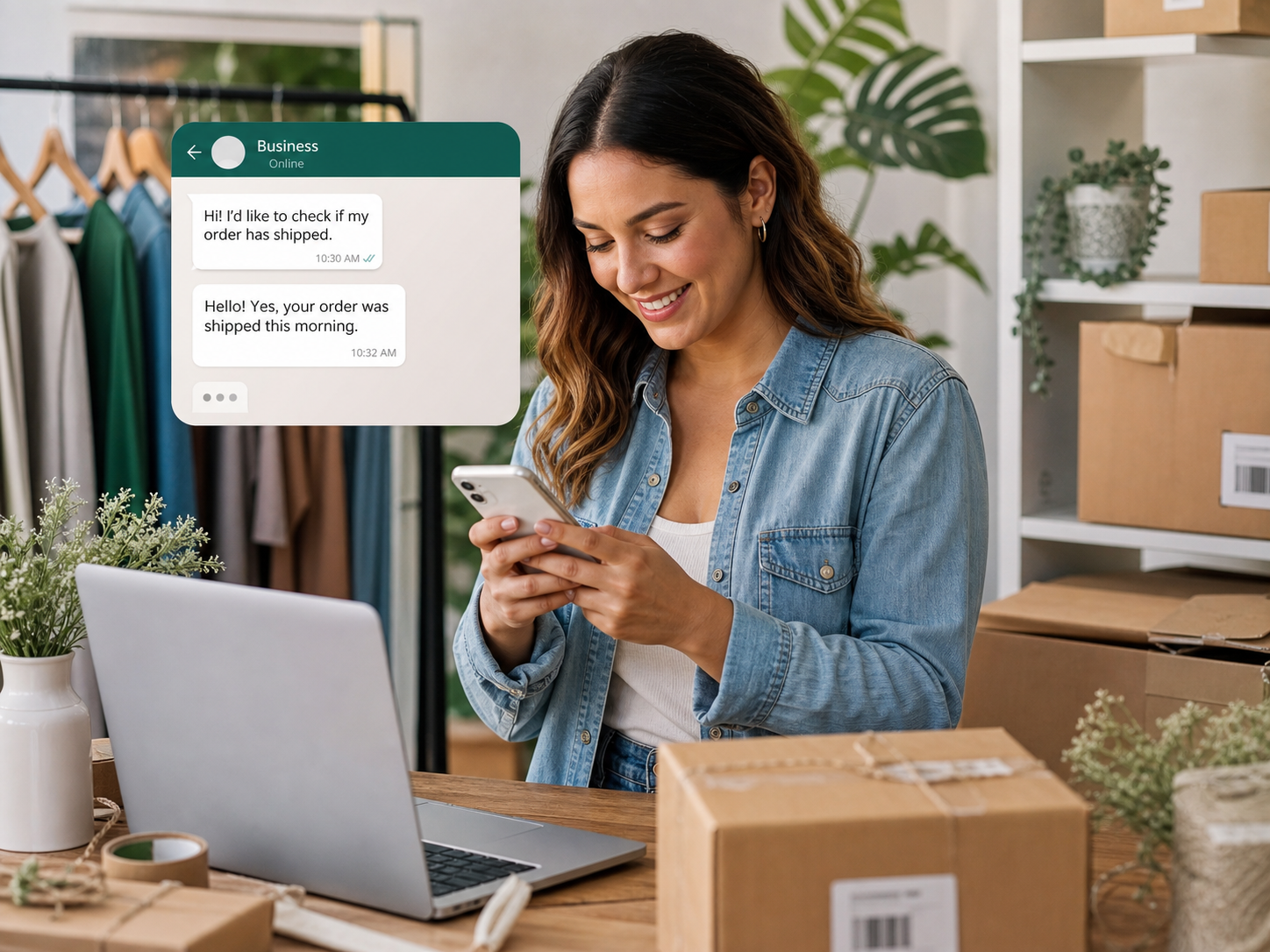 Professional woman using WhatsApp Business on her phone
