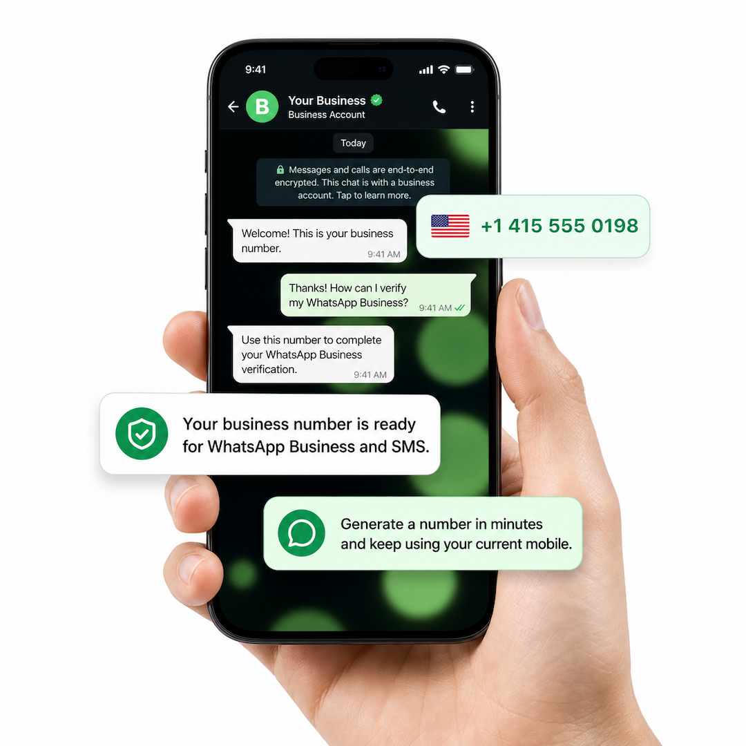 Phone mockup showing a virtual WhatsApp Business number